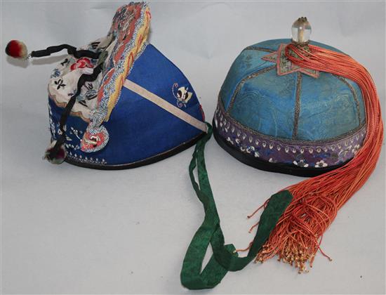 Two Chinese embroidered silk hats, late 19th / early 20th century,